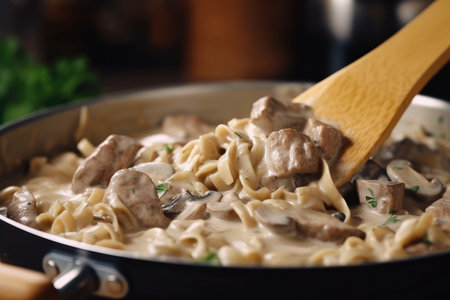 Close-up shot of beef stroganoff being cooked in a pan with a wooden spoon, capturing the sizzling sound and the steam rising from the dish, AI Generatedの素材