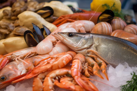Close-up shot of the freshest seafood ingredients used to make a delightful Bouillabaisse soup, set against a backdrop of a bustling fish market in Marseille, AI Generatedの素材