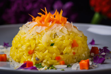 Close-up of saffron risotto with diced vegetables and grated parmesan cheese on top, AI Generatedの素材