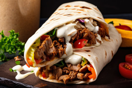 Close-up of juicy and savory shawarma wrap with tender sliced meat, fresh vegetables, and creamy sauce bursting out of the toasted pita bread, AI Generatedの素材