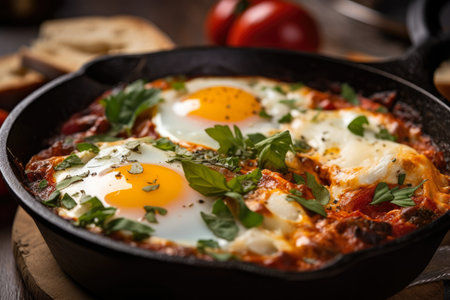 close-up of Shakshuka served in a small cast-iron skillet with a crispy layer of baked eggs and a drizzle of olive oil, AI Generatedの素材