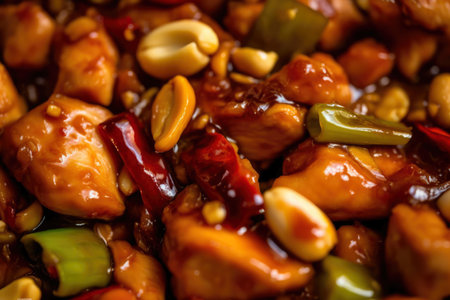 close-up shot of Kung Pao Chicken, with tender chicken pieces coated in a spicy-sweet sauce made with chili paste, honey, and vinegar, AI Generatedの素材