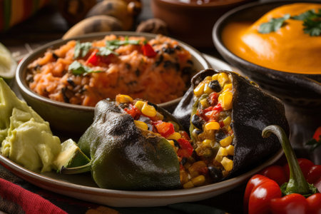 Colorful close-up of Chiles Rellenos stuffed with a mix of sauteed vegetables and cheese, served with a side of corn and black bean salsa, AI Generatedの素材