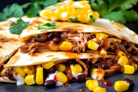 Colorful close-up of a quesadilla loaded with tender pulled pork, diced pineapple, and tangy BBQ sauce, served with a side of sweet corn and black bean salsa, AI Generatedの素材