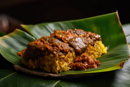 Close-up of Rendang served on a banana leaf, with its rich and aromatic curry sauce complemented by the natural freshness of the leaf, AI Generatedの素材