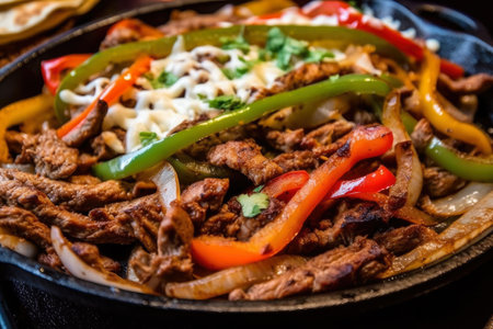 Close-up of sizzling fajitas with strips of tender, marinated beef, grilled onions, colorful bell peppers, and a sprinkle of grated cheese, AI Generatedの素材