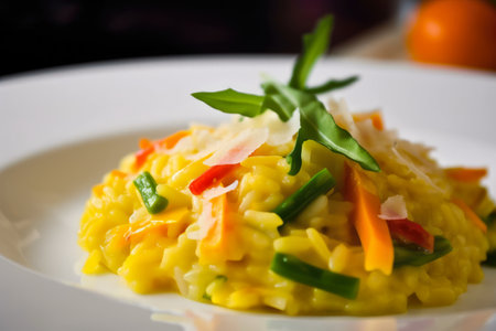 Close-up of saffron risotto with diced vegetables and grated parmesan cheese on top, AI Generatedの素材