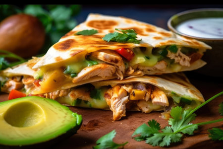 close-up shot of a crispy chicken quesadilla garnished with sliced avocado, cilantro, and jalapeno peppers, AI Generatedの素材