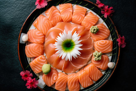 close-up of succulent salmon sashimi arranged in a circular pattern with a side dish of pickled ginger, AI Generatedの素材