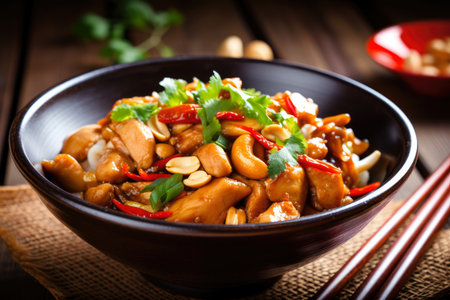 Close-up shot of Kung Pao Chicken served in a traditional Chinese bowl, topped with fresh cilantro leaves and surrounded by chopsticks, AI Generatedの素材