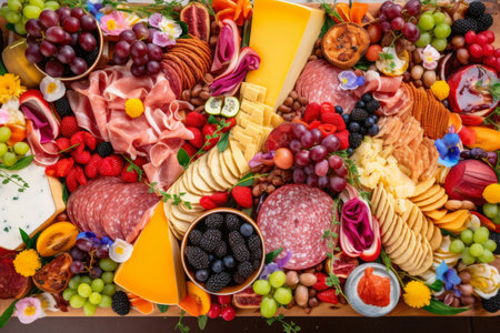 colorful charcuterie board filled with vibrant cured meats, cheese, fruits, and vegetables, arranged to create a stunning edible masterpiece, AI Generatedの素材