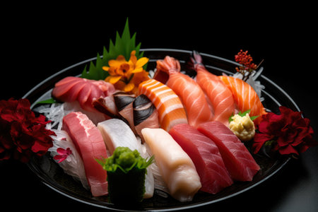 Colorful display of sashimi with different types of raw fish served on a black plate, AI generatedの素材