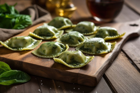 Colorful Ravioli Stuffed with Spinach and Ricotta Cheese on a Wooden Board, AI Generatedの素材