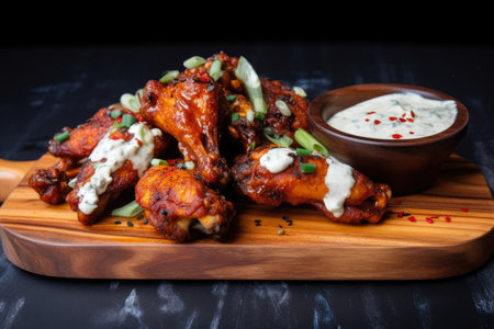 Crispy Szechuan chicken wings with a sweet and spicy glaze served on a wooden board with a side of creamy blue cheese dressing, AI Generatedの素材