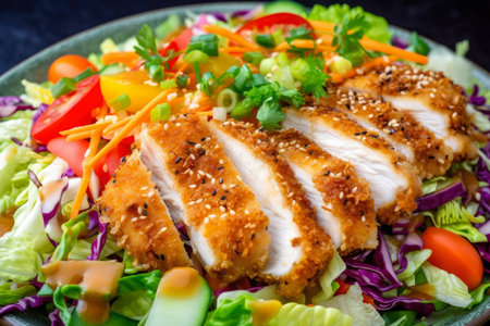 Crispy Chicken Katsu Salad with fresh lettuce, crunchy cabbage, and colorful veggies, topped with a tangy dressing and a sprinkle of sesame seeds, AI Generatedの素材