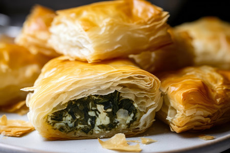 Crispy and golden bourekas stuffed with creamy spinach and feta cheese, with flaky layers of phyllo pastry visible in a close-up shot, AI Generatedの素材