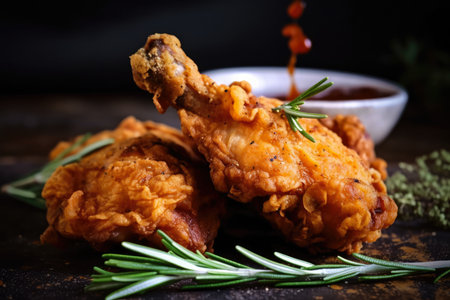 Crispy and golden fried chicken in a close-up shot with a drizzle of hot sauce on top and a sprig of fresh rosemary, AI Generatedの素材