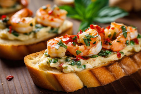 Creamy Shrimp Scampi Sauce with Sun-Dried Tomatoes and Basil Topped on Grilled Baguette Slices, AI Generatedの素材