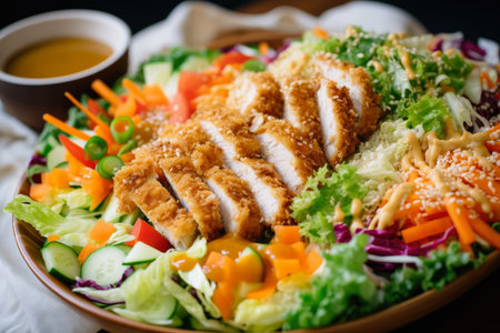 Crispy Chicken Katsu Salad with fresh lettuce, crunchy cabbage, and colorful veggies, topped with a tangy dressing and a sprinkle of sesame seeds, AI Generatedの素材