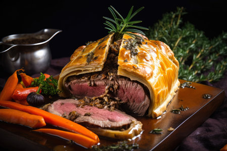 Decadent Beef Wellington with Golden Pastry and Earthy Mushroom Filling, Served with Fresh Herbs and Roasted Vegetables, AI Generatedの素材