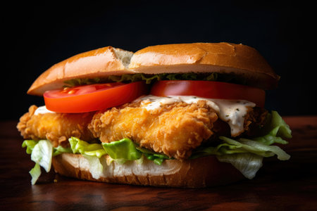 Crispy and succulent Chicken Katsu Sandwich with fresh lettuce, juicy tomato, and creamy mayo, served on toasted bread, AI Generatedの素材