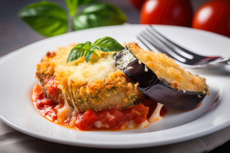 Delicious Eggplant Parmesan Dish with Melted Cheese and Golden Bread Crumbs, AI Generatedの素材
