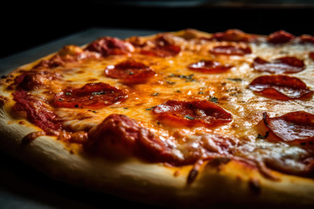Delicious close-up shot of a hot pepperoni pizza with melted cheese and golden crust, fresh out of the oven, AI Generatedの素材
