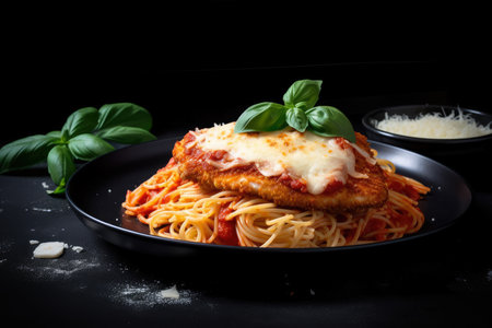 Delicious Chicken Parmesan with spaghetti marinara on a black plate, garnished with fresh basil and lemon wedges, AI Generatedの素材