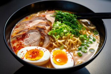 Delicious bowl of spicy tonkotsu ramen garnished with green onions, slices of tender pork, and a perfectly boiled egg, AI Generatedの素材