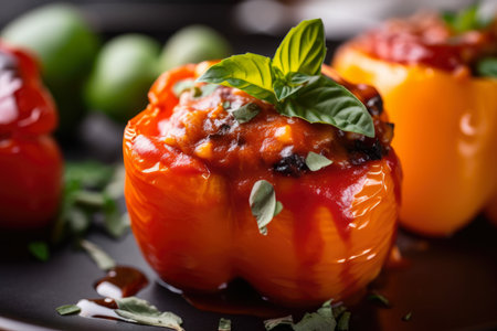 Delicious macro shot of vegetarian stuffed peppers drizzled with tangy tomato sauce and garnished with basil leaves, AI Generatedの素材
