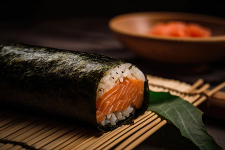 Delicious macro shot of a sushi hand roll with fresh, raw salmon and perfectly cooked rice, served on a traditional bamboo mat, AI Generatedの素材