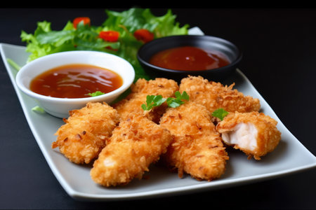 Crunchy and juicy Chicken Katsu Bites, perfect for snacking or sharing, served with a side of sweet and spicy dipping sauce, AI Generatedの素材