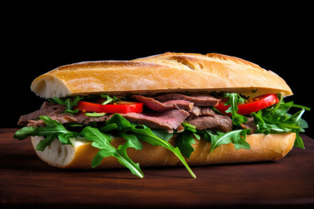 Delicious roast beef sandwich with arugula and roasted red peppers on ciabatta bread, AI Generatedの素材