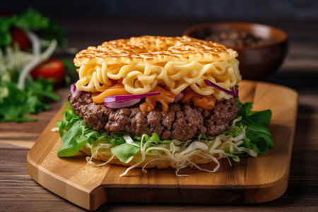 Delicious Ramen Burger with Grilled Beef Patty and Savory Toppings on a Wooden Cutting Board, AI Generatedの素材