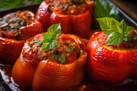 Delicious macro shot of vegetarian stuffed peppers drizzled with tangy tomato sauce and garnished with basil leaves, AI Generatedの素材
