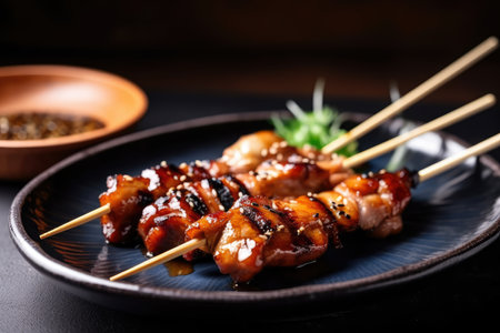 Delicious yakitori skewers with charred edges and succulent chicken meat, served on a traditional Japanese plate, AI Generatedの素材
