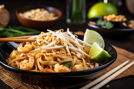 Delicious Pad Thai Noodles served in a colorful bowl with chopsticks and lime wedges on the side, AI Generatedの素材