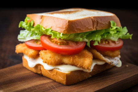 Crispy and succulent Chicken Katsu Sandwich with fresh lettuce, juicy tomato, and creamy mayo, served on toasted bread, AI Generatedの素材