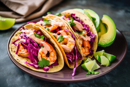 Delicious shrimp tacos with sliced avocado, red onions, and a drizzle of chipotle mayo, served on a colorful plate, AI Generatedの素材