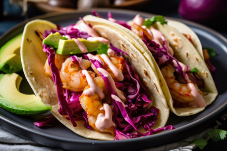 Delicious shrimp tacos with sliced avocado, red onions, and a drizzle of chipotle mayo, served on a colorful plate, AI Generatedの素材