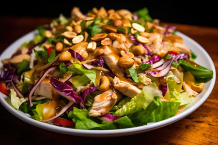 Delicious Kung Pao chicken salad with fresh romaine lettuce, sliced red onions, and toasted cashews, AI Generatedの素材