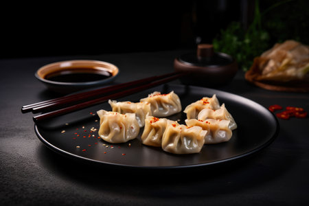 Delightful Szechuan chicken dumplings with a spicy soy dipping sauce served on a black ceramic plate, AI Generatedの素材