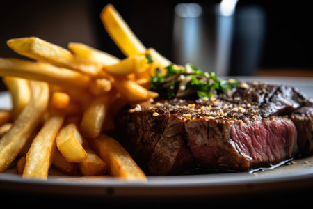 Delectable close-up of steak frites, with a juicy and tender medium-rare steak on top of golden and crispy fries, garnished with a sprinkle of sea salt, AI Generatedの素材