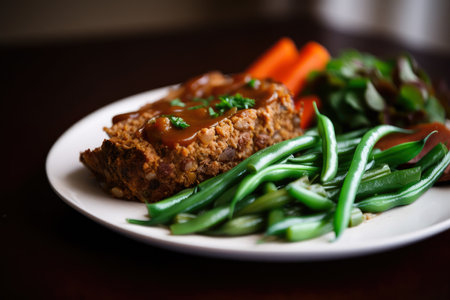 delicious vegetarian take on meatloaf made with lentils, quinoa, and an assortment of vegetables, served with a side of roasted carrots and green beans, AI Generatedの素材