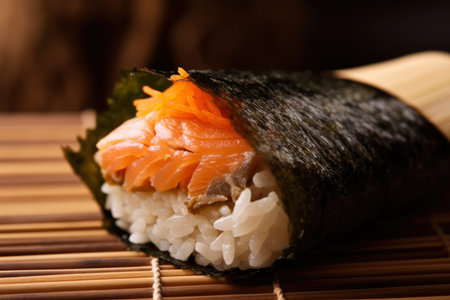 Delicious macro shot of a sushi hand roll with fresh, raw salmon and perfectly cooked rice, served on a traditional bamboo mat, AI Generatedの素材