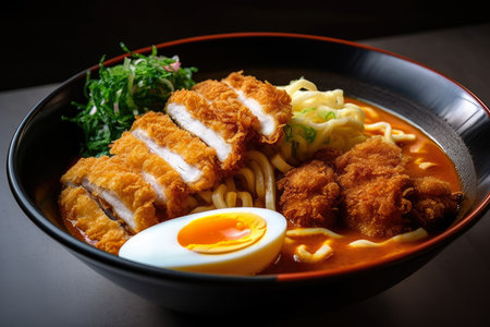 Delicious Chicken Katsu Curry Udon, with thick and chewy noodles, a rich and spicy curry sauce, and crispy breaded chicken katsu on top, AI Generatedの素材