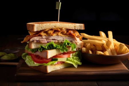 Deliciously stacked club sandwich on a wooden slicing board with a side of crispy fries and a pickle spear, AI Generatedの素材
