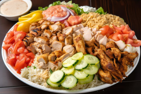 Detailed macro shot of a chicken shawarma platter, with a generous portion of meat, rice, hummus, and pickled vegetables, AI Generatedの素材