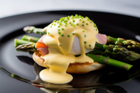 Elevated version of Eggs Benedict with lobster meat, asparagus, and caviar on top of the perfectly poached egg and hollandaise sauce, AI Generatedの素材