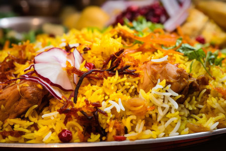 Explosion of Color and Flavor Macro Shot of Biryani with Freshly Fried Spices, AI Generatedの素材